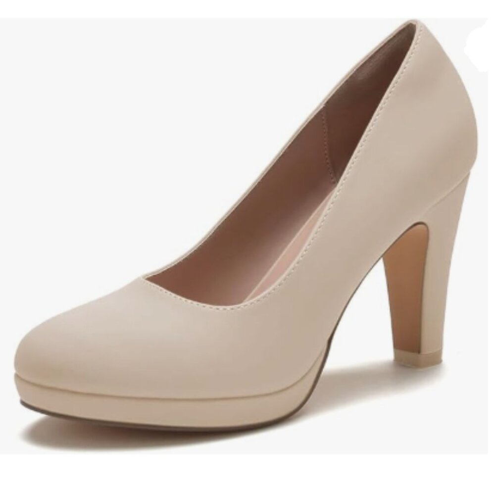 miss left Nude Low Platform Chunky High Heel Slip On Closed Round Toe Pump